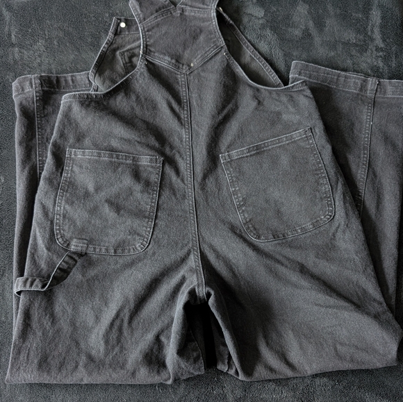 Black Distressed Denim Floral Patch Overalls Indie Boho Chic Cottage core Large - Picture 10 of 15